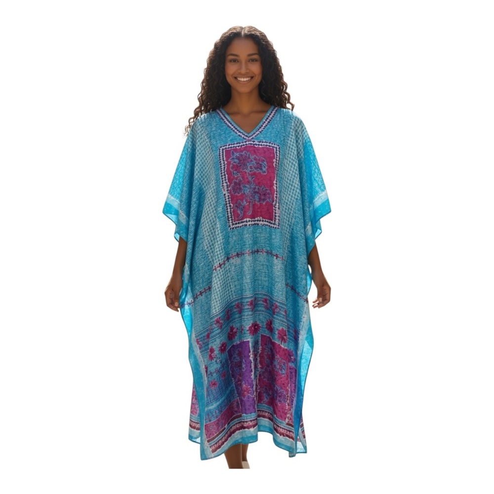 Women's Kaftan ASHRO Blue Purple Pink Floral Muumuu Beach Coverup Bohemian